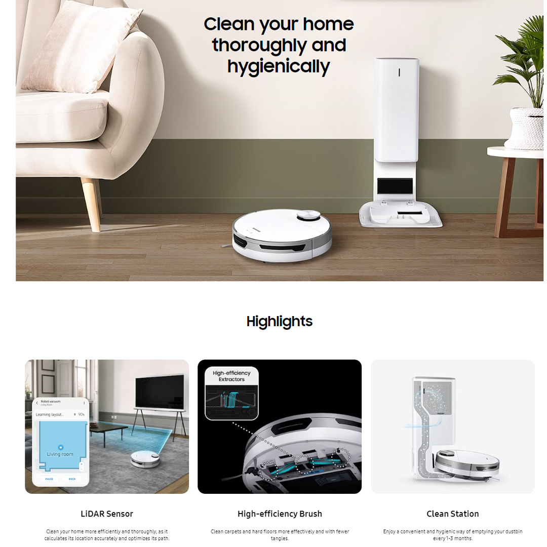 SAMSUNG 60W Jet Bot AI Vacuum Cleaner Misty VR30T85513W/ME | LiDAR Sensor | Clean Station | High-efficiency Brush | Vacuum with 1 Year Warranty
