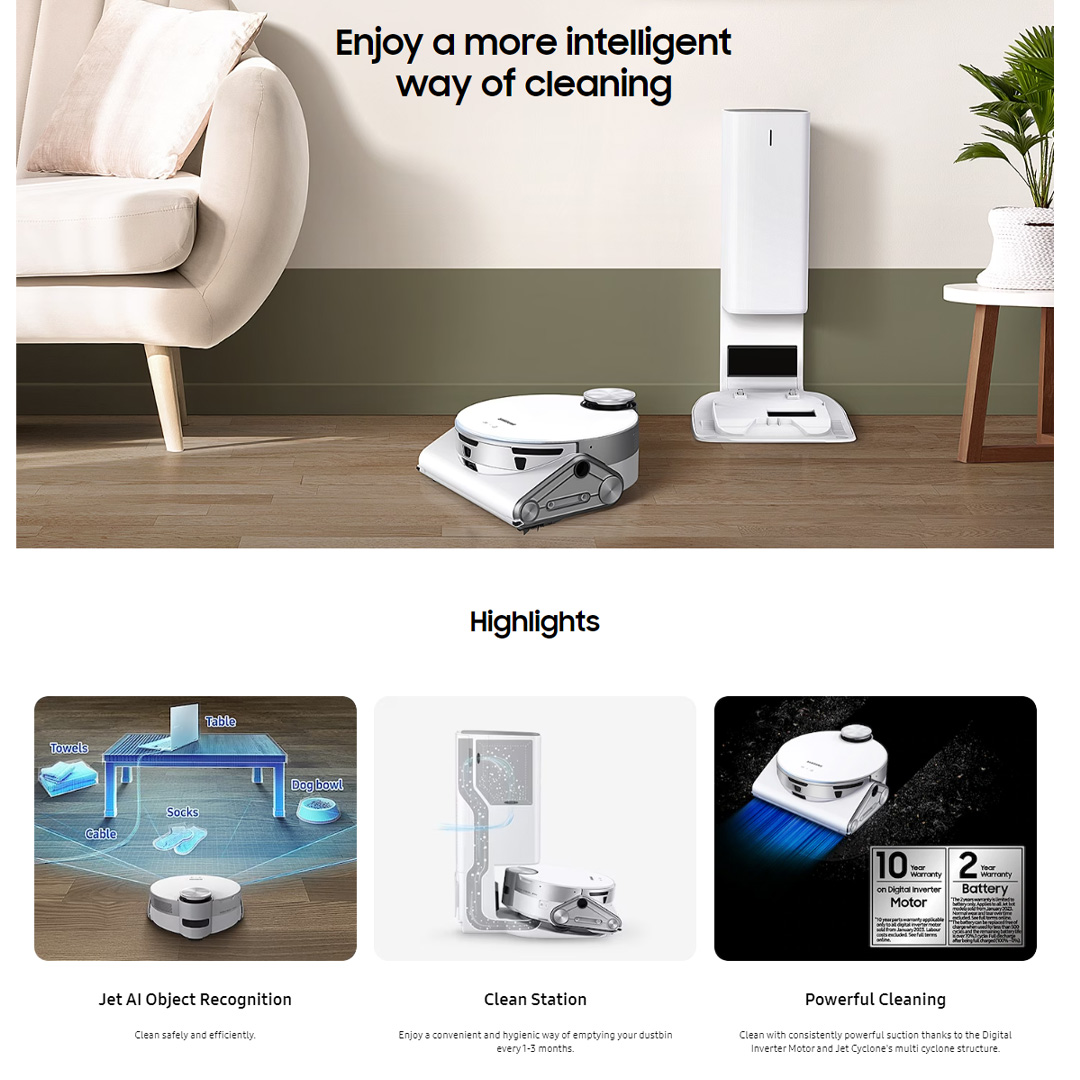 SAMSUNG 170W Jet Bot AI + Vacuum Cleaner VR50T95735W/ME | Jet AI Object Recognition | Clean Station | Powerful Cleaning | Vacuum with 1 Year Warranty