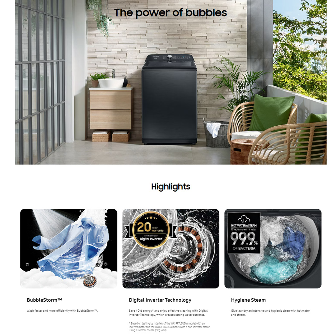 SAMSUNG 23KG Top Load Digital Inverter Washing Machine with BubbleStorm WA23A8377GV/FQ | Hygiene Steam | Heavy Duty+ | Magic Filter | VRT Technology | Washing Machine with 1 Year Warranty