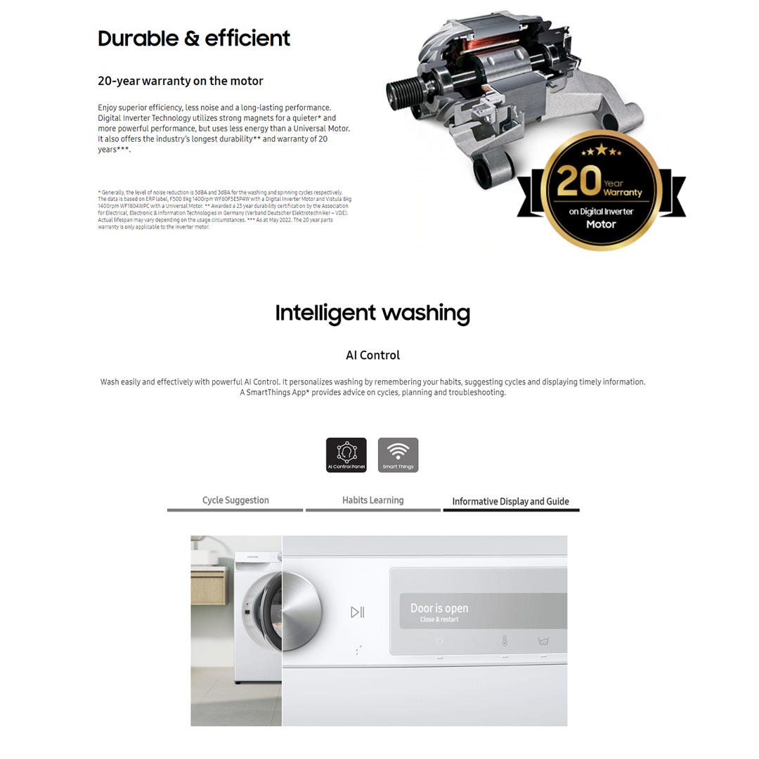 SAMSUNG 8.5KG/6KG Front Load Washer Dryer with AI Ecobubble WD85T534DBE/FQ | AI Control | Eco Bubble™ | Drum Clean | Hygiene Steam | Washer Dryer with 1 Year Warranty