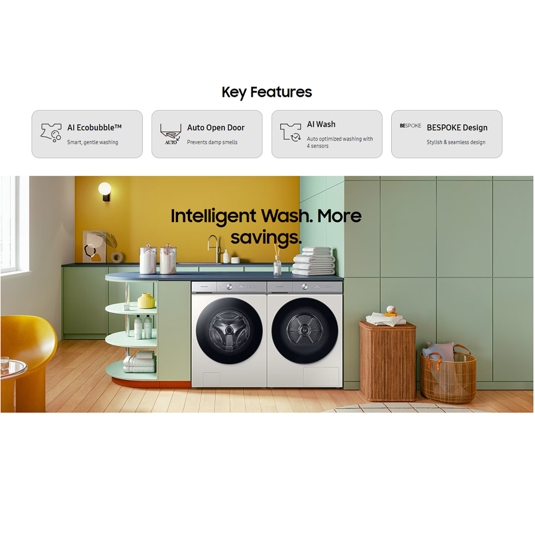 SAMSUNG 24KG BESPOKE Front Load Washer with AI Wash WF24B9600KV/FQ | AI Wash | AI Control | Auto Open Door | AI Eco Bubble™ | Hygiene Steam | Washer with 1 Year Warranty