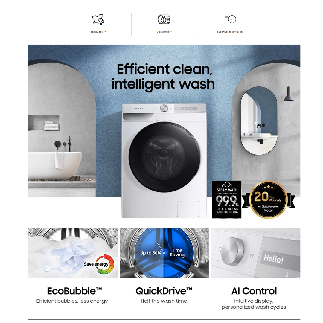 SAMSUNG 10KG Front Load Washing Machine with AI Ecobubble WW10TP44DSX/FQ | Eco Bubble™| QuickDrive™ | Super Speed (39 mins) | Washing Machine with 1 Year Warranty