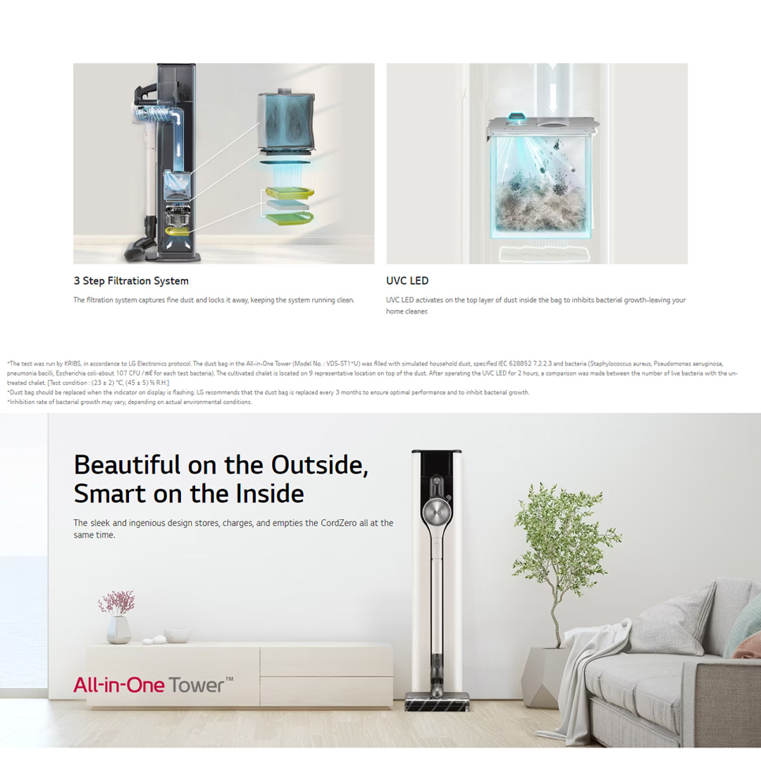 LG 590W CordZero A9Komp with All-in-One Tower Vacuum-Mop A9T-Max | Smart Inverter Motor | 5 step Filtration | Dual Battery Packs | Stick Vacuum with 2 Year Warranty