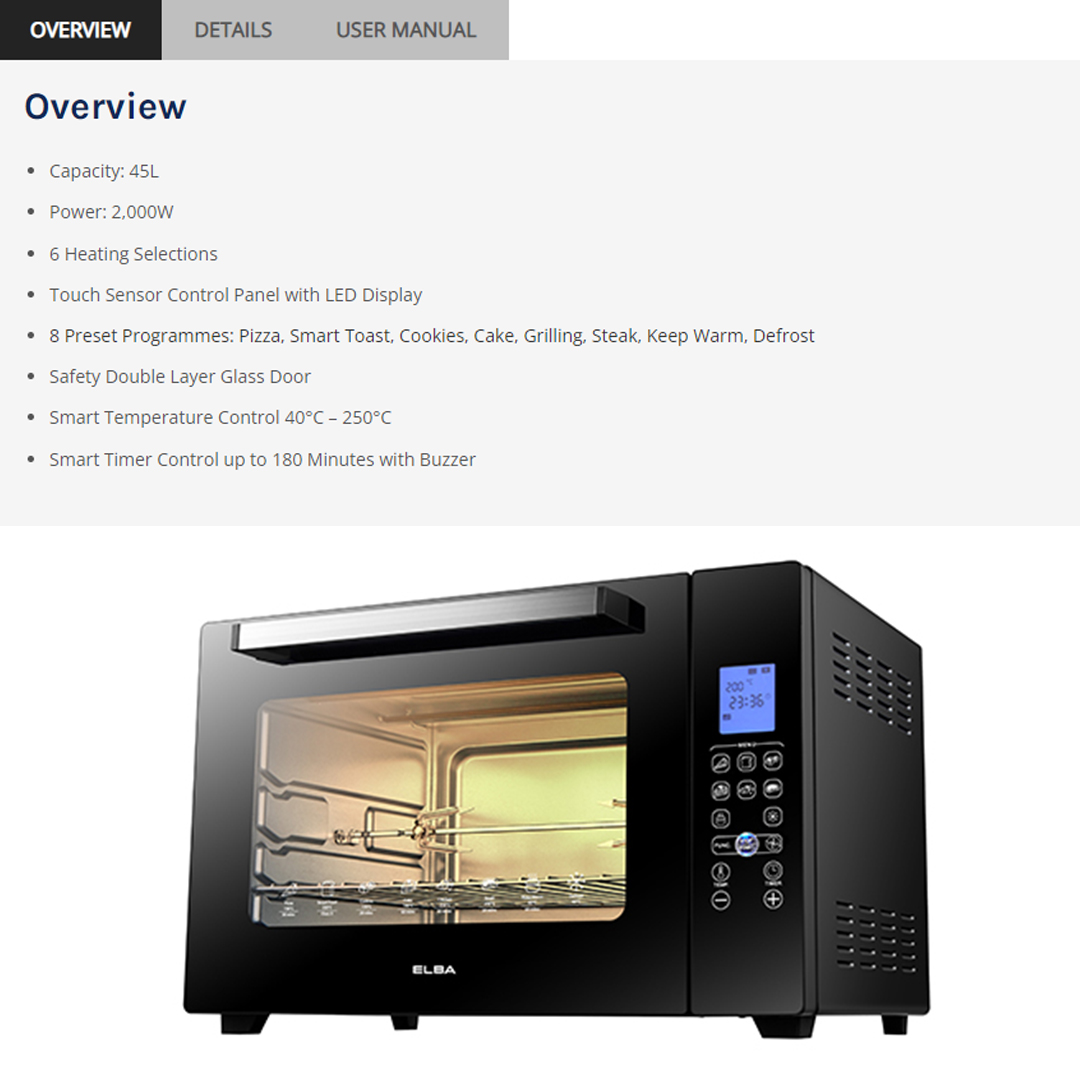 ELBA 45L Electric Oven EEO-J4591D(BK) | 6 Heating Selections | 8 Preset Programmes | Safety Double Layer Glass Door | Smart Timer Control up to 180 Minutes with Buzzer | Oven with 1 Year Warranty