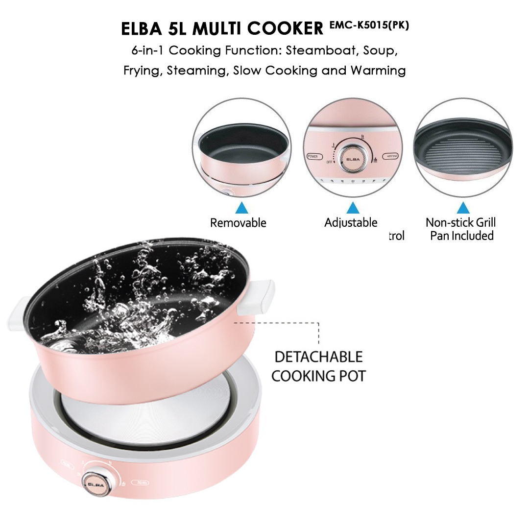 ELBA 5L Multi Cooker EMC-K5015(PK) | 6-in-1 Cooking Function | Removable Non-Stick Pot | Transparent Glass Cover | Comes with Grill Pan | Multi Cooker with 1 Year Warranty