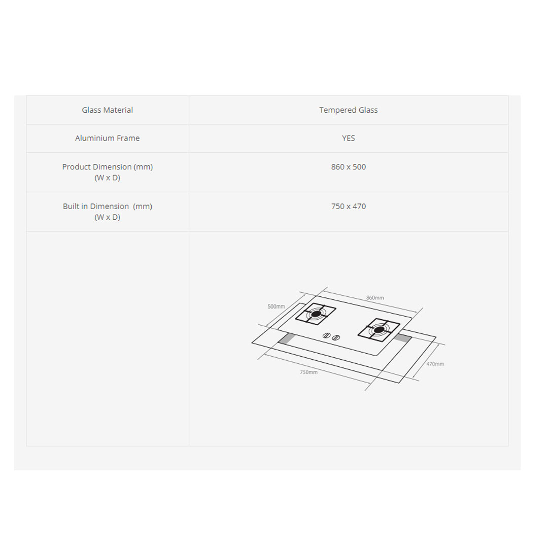 ELBA 2 burners Built-In Glass Hob EGH-E9522G(GR) | Original Italian SABAF Burner | Cast Iron Pan Support | Embraced Aluminium Frame Protection | Hob with 1 Year Warranty