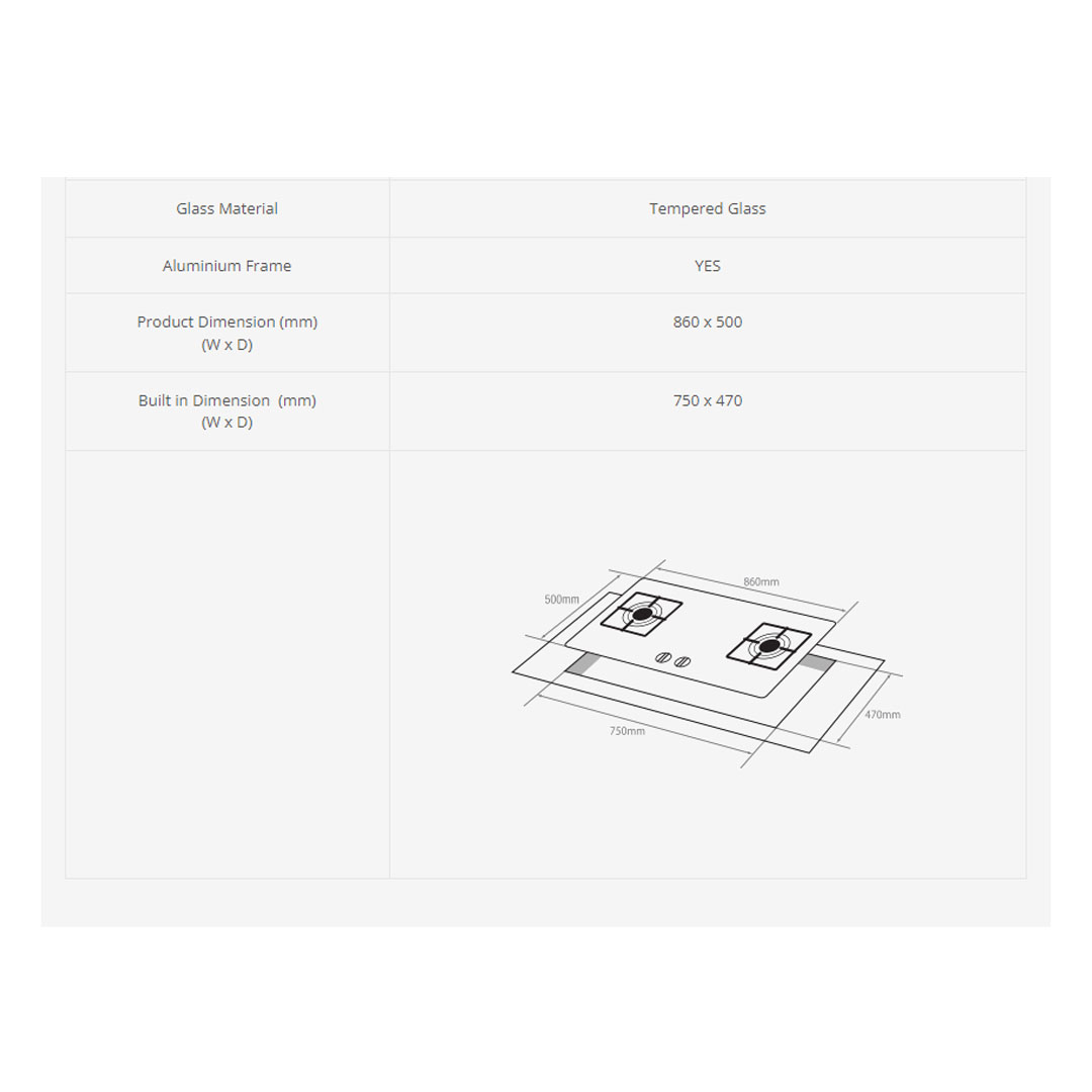 ELBA 2 Burners Built-In Glass Hob EGH-F9542G(GR) | Original Italian SABAF Burner | Cast Iron Pan Support | Embraced Aluminium Frame Protection | Hob with 1 Year Warranty