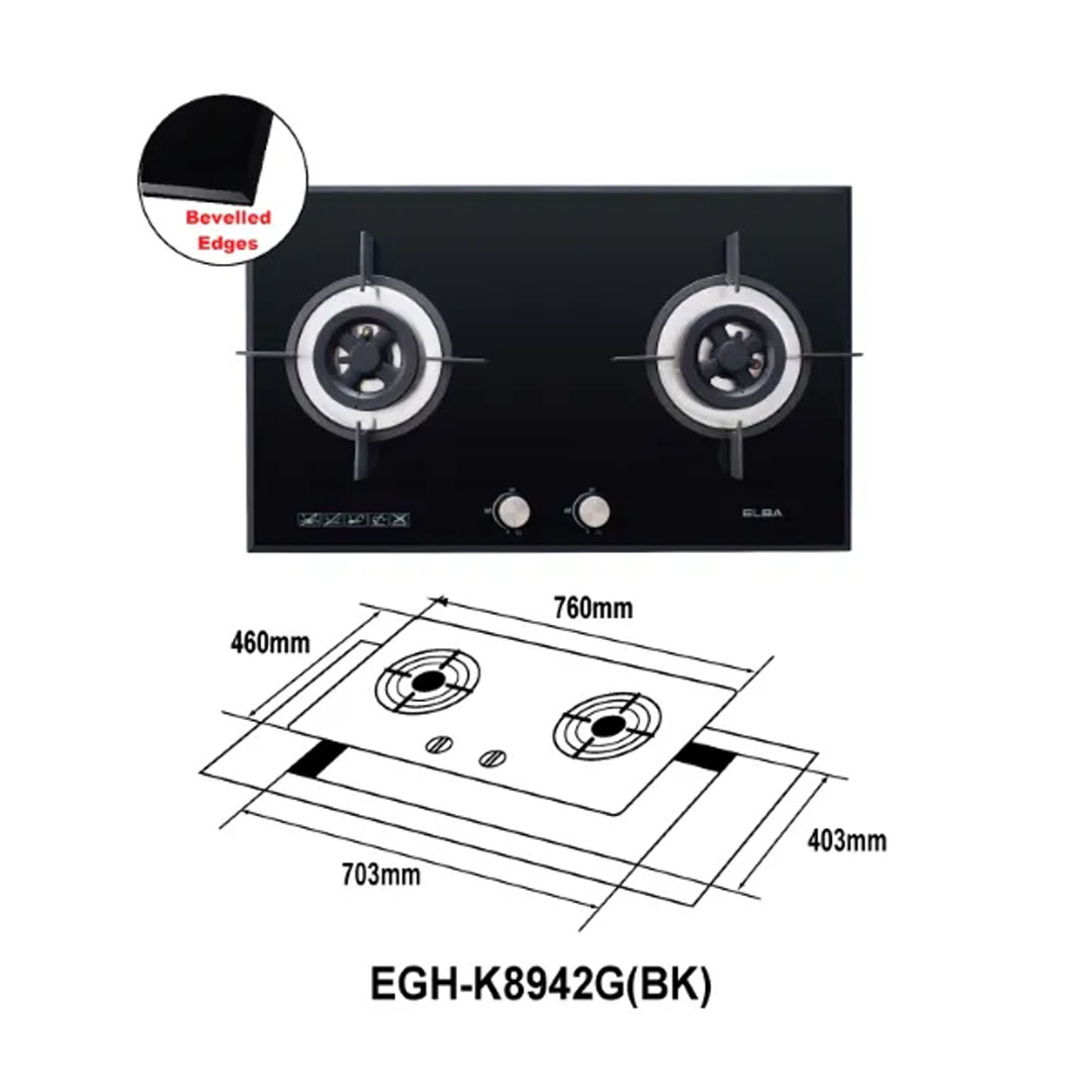 ELBA 2 Burners Built-In Glass Hob EGH-K8942G(BK) | Safety Valve | High Quality Tempered Glass | Cast Iron Pan Support | Bevelled Edges Design | Hob with 1 Year Warranty