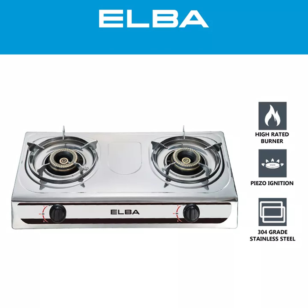 ELBA 2 Burners Gas Stove EGS-F7192(SS) | Turbo Jet Burner | Brass Burner Ring | Chrome Coated Pan Support | Gas Stove with 1 Year Warranty