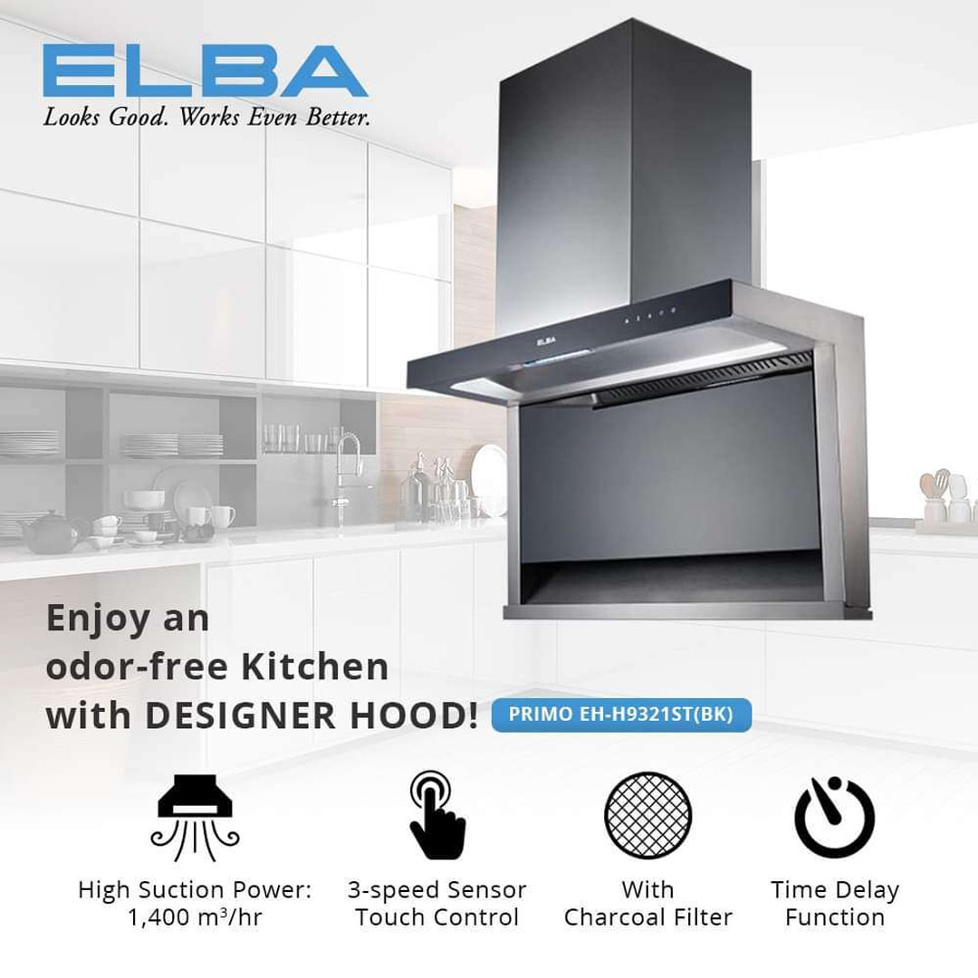 ELBA 1,400m3/hr Designer PRIMO Hood EH-H9321ST(BK) | 2-speed Selection | LED Sensor Touch Control | Automatic Timer Control | Hood with 1 Year General Warranty & 5 Years Motor Warranty