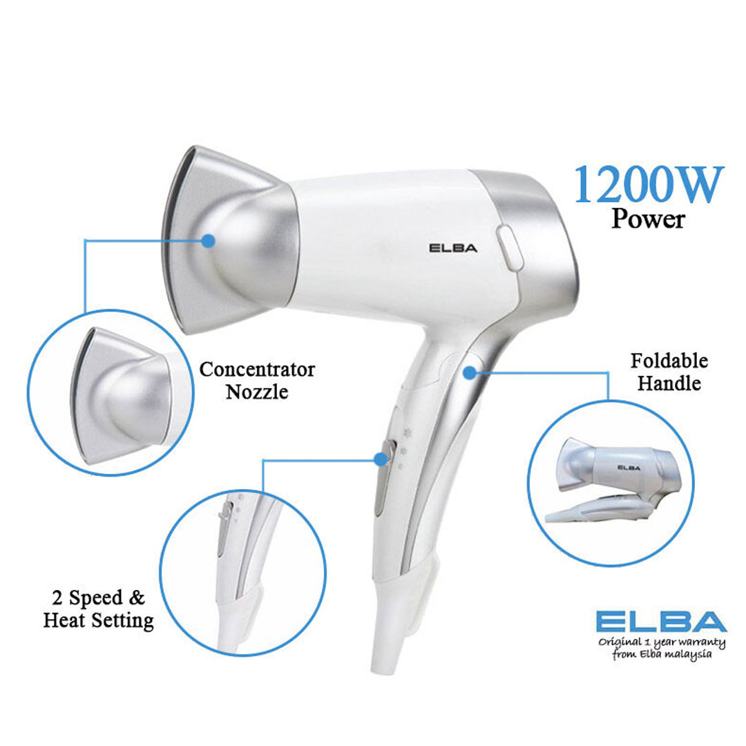 ELBA 1200W Hair Dryer EHD-G1226TR(SV) | Overheating Protection | 2 Speed Control | 2 Heat Setting | Foldable Type | Hair Dryer with 1 Year Warranty
