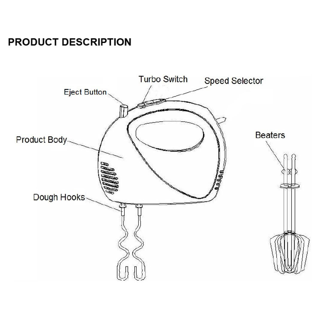 ELBA 200W Hand Mixer EHM-D2520(WH) | Included Beaters and Dough Hooks | Turbo Function | 5 Speeds | Eject Function | Hand Mixer with 1 Year Warranty