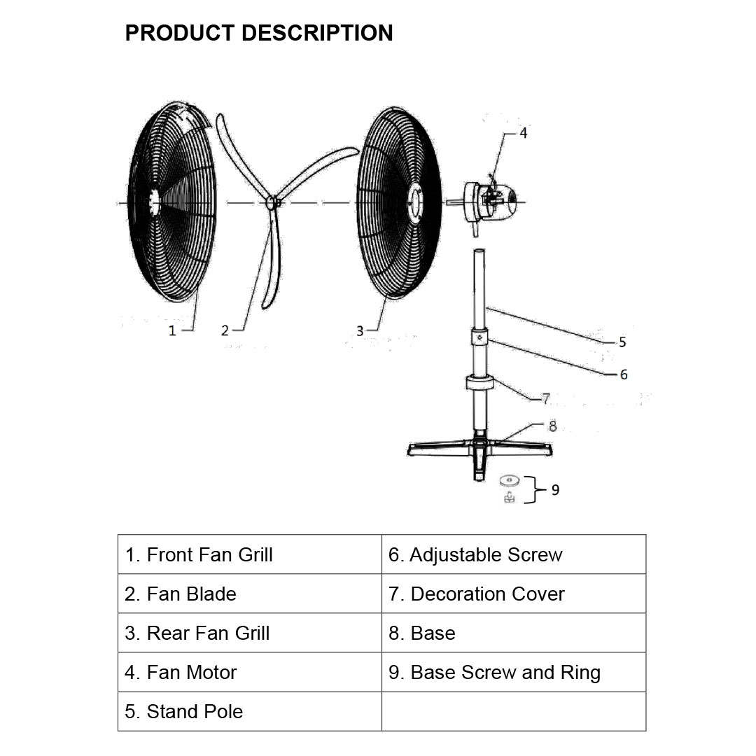 ELBA 26" Industrial Stand Fan EISF-G2601(BK) | 3-speed Setting | Built-in Safety Thermal Fuse | Adjustable Height | Tilt Angle Control and Wide Oscillation Angle | Industrial Stand Fan with 1 Year Warranty