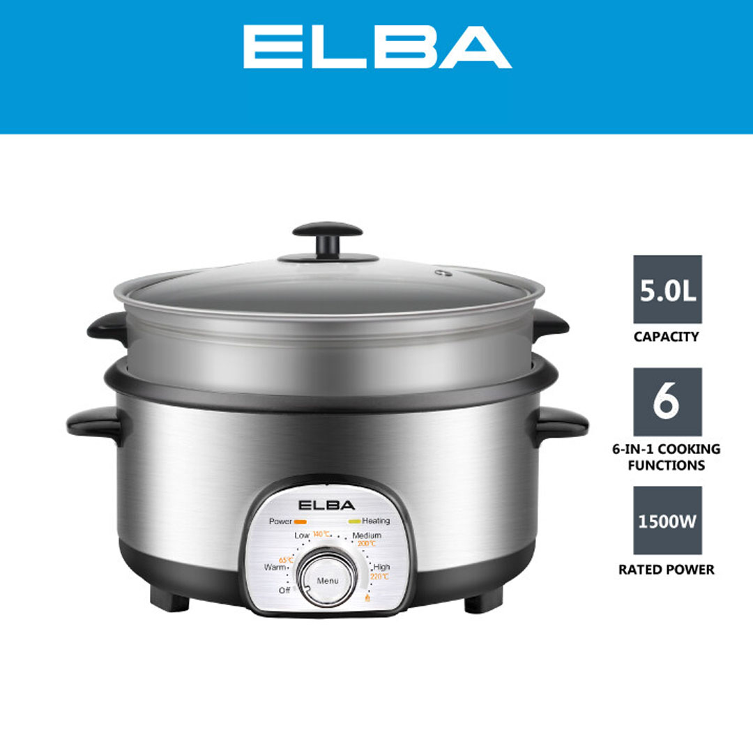 ELBA 5L Multi Cooker EMC-K5010(SS) | 6-in-1 Cooking Function | Power : 1,500W | Comes with Steam Tray | Removable Non-stick Inner Pot | Multi Cooker with 1 Year Warranty