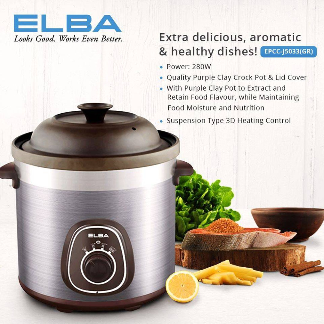 ELBA 5L Purple Clay Slow Cooker EPCC-J5033(GR) | Purple Clay Stoneware Inner Pot and Lid | Power : 280W | Suspension Type 3D Heating | Slow Cooker with 1 Year Warranty
