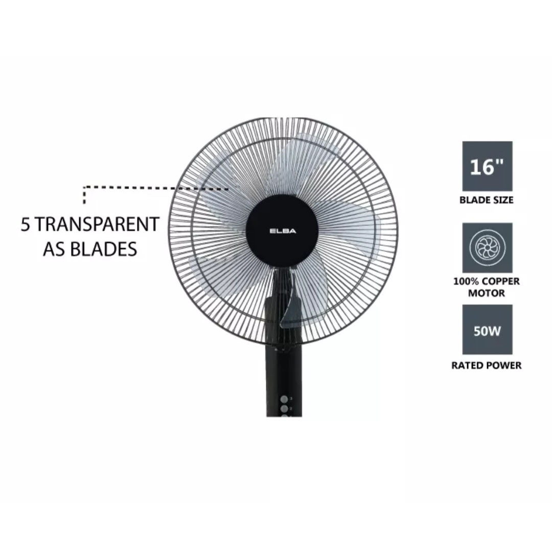 ELBA 16" Stand Fan ESF-J1656(BK) | 5 Transparent AS Blades | Whisper Quiet Self Lubricating Motor | 3-speed Control | Thermal Safety Fuse | Stand Fan with 1 Year Warranty