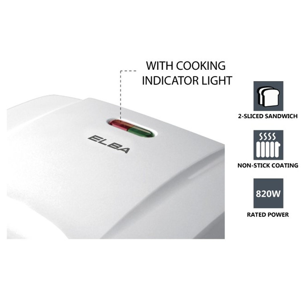 ELBA  Sandwich Maker ESM-G7020(WH) | 2-slice Sandwich | Indicator Light | Non-stick Coating Cooking Plate | Sandwich Maker with 1 Year Warranty