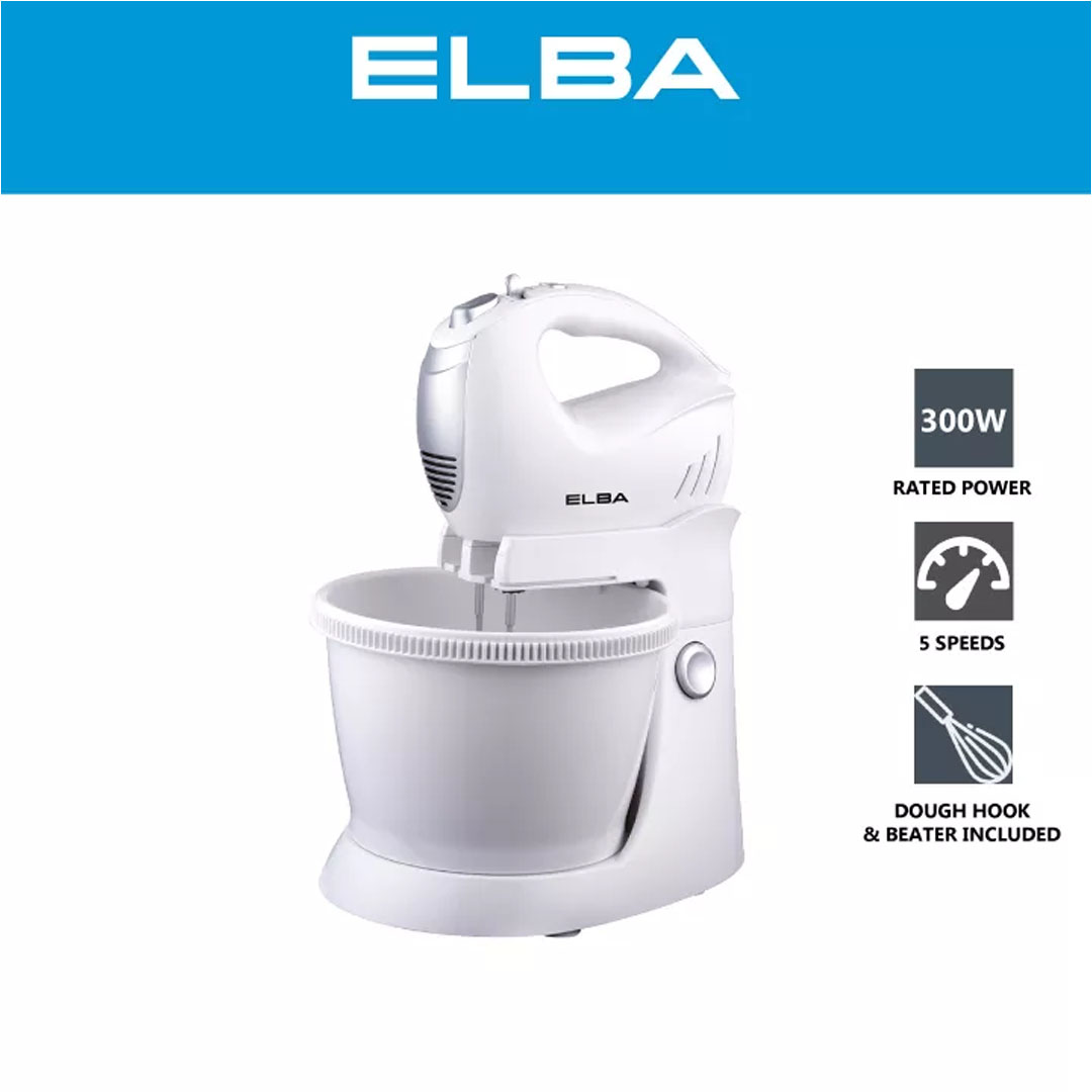 ELBA 3L Stand Mixer ESMB-E3030(WH) | With Turnable Stand Bowl | 5-speed | Included Beaters, Dough Hooks, Stand Bowl | Stand Mixer with 1 Year Warranty