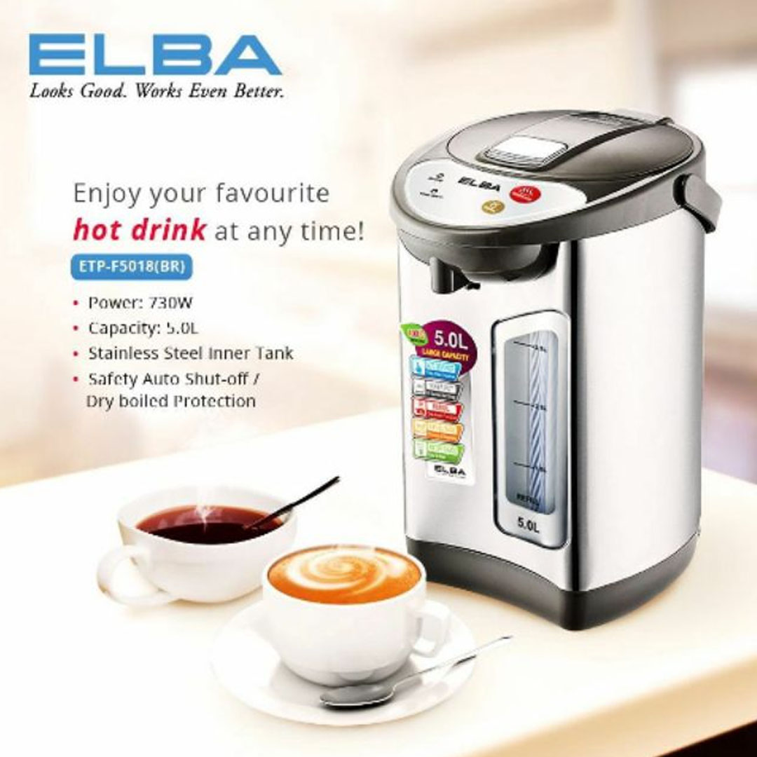 ELBA 5L Thermopot ETP-F5018(BR) | Dry-boiled Protection | 304 Stainless Steel Inner Pot | Auto Reboil | Thermo Pot with 1 Year Warranty