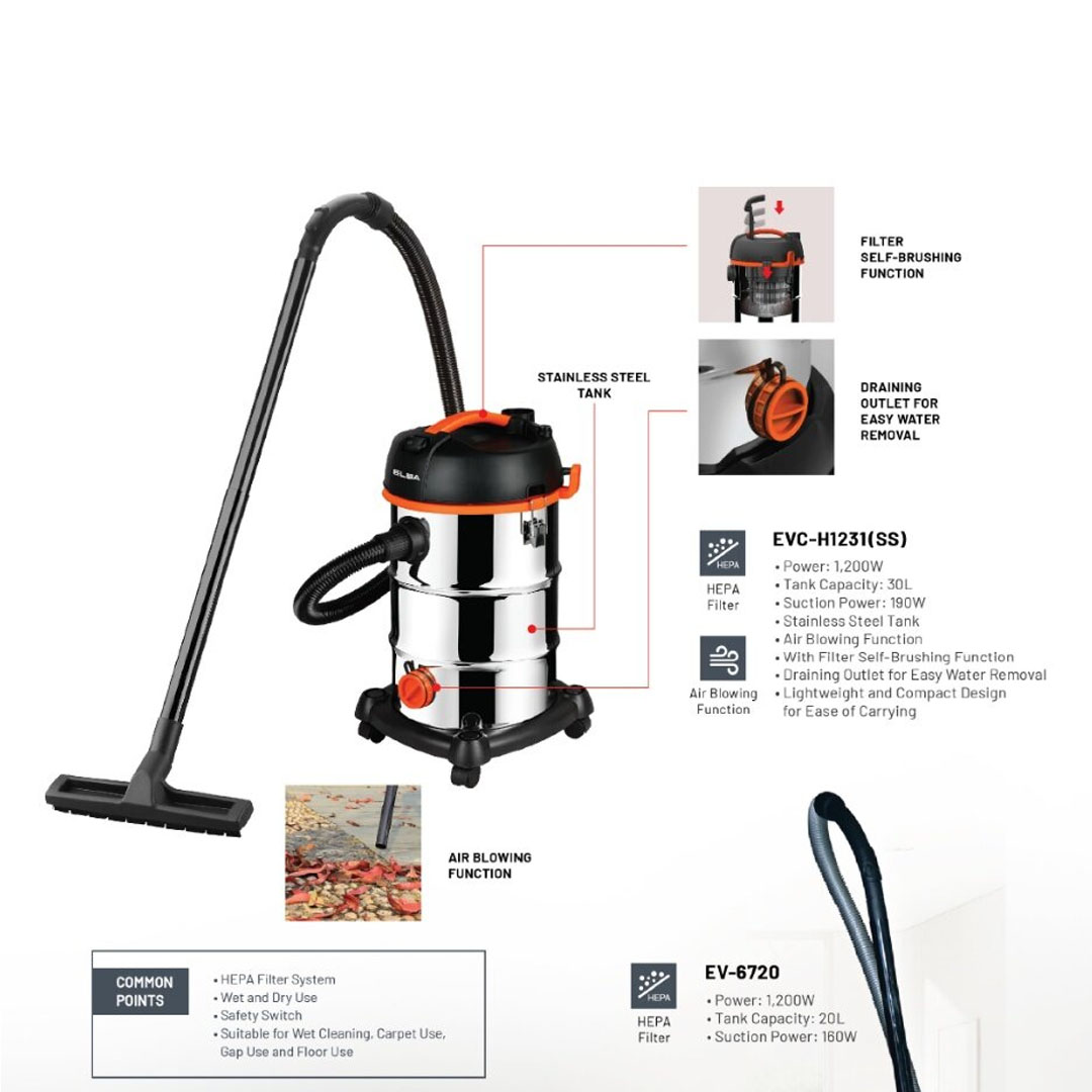 ELBA 1200W Wet & Dry Vacuum Cleaner EV-6720 | With HEPA Filter | Suction Power: 160W | Dust Capacity: 20L | Vacuum Cleaner with 1 Year Warranty