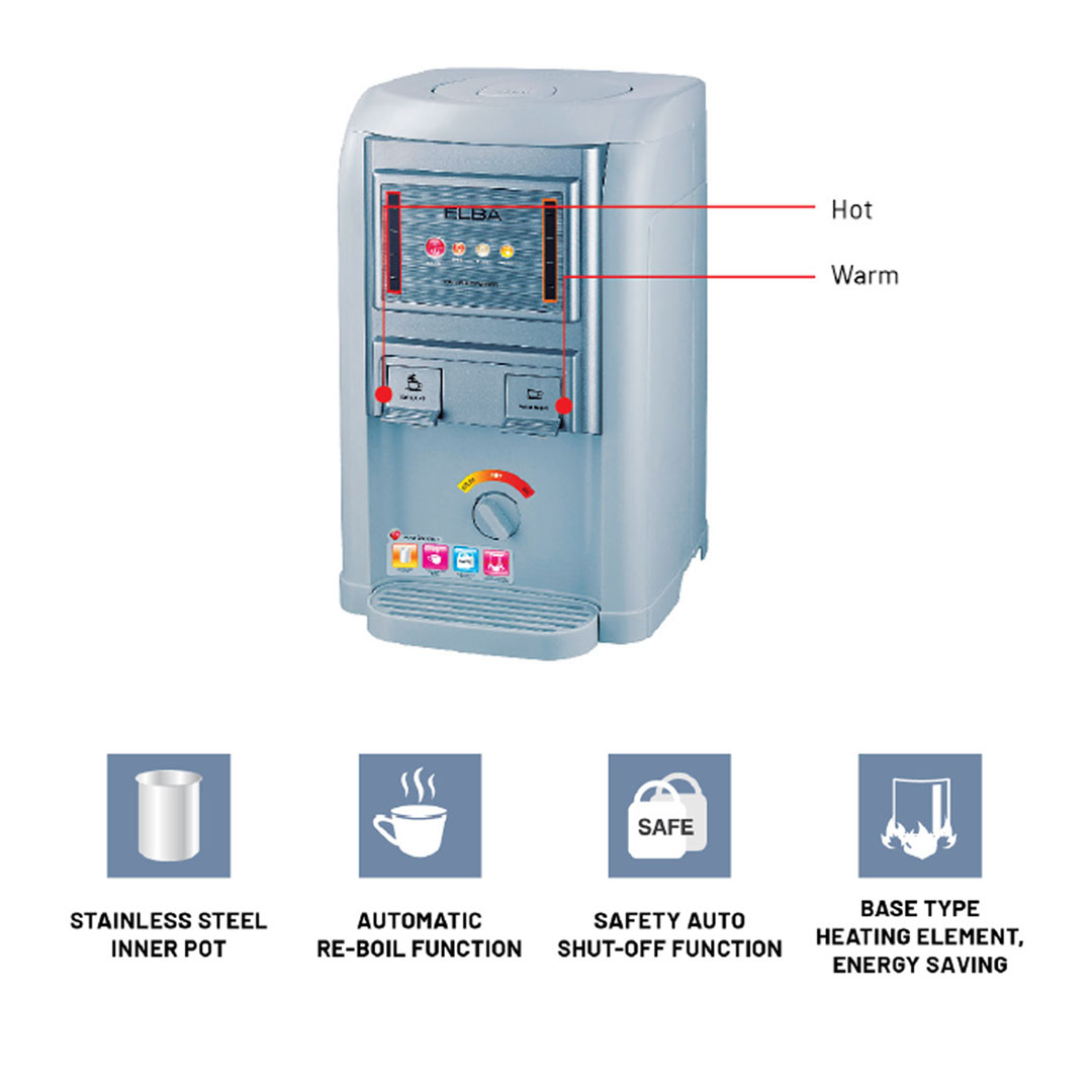 ELBA 7L Water Dispenser EWD-B7068(GR) | Stainless Steel Inner Pot | Automatic Reboil Function | Anti Dry-Boiled Protection | Water Dispenser with 1 Year Warranty