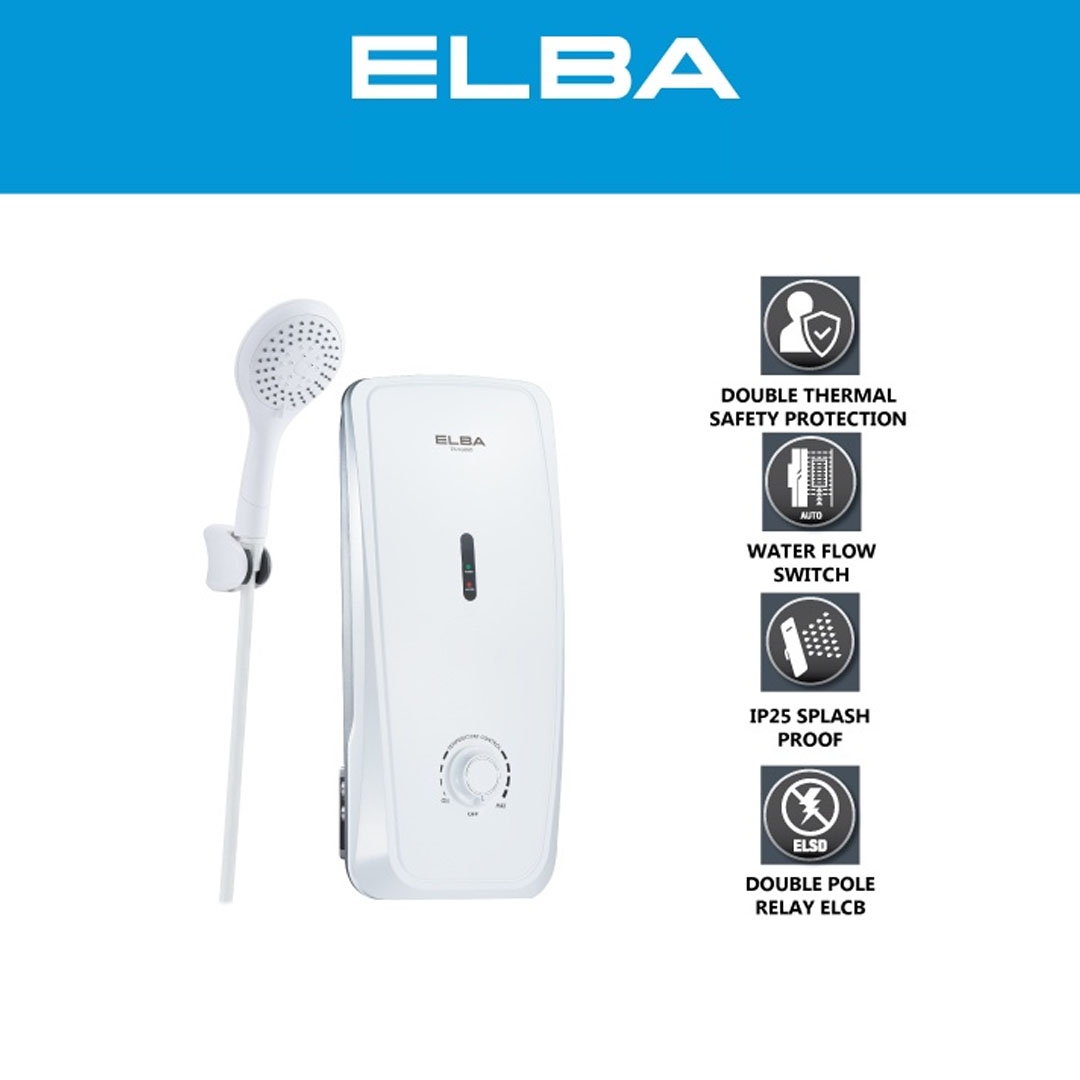 ELBA 3600W Water Heater Snow EWH-G3660(SW) | Safety Features & Safety Device | Extra Safety DPDT | ELSD for Prevent Electrocution | Splash Proof Protection (IP25 Standard) | Water Heater with 1 Year Warranty