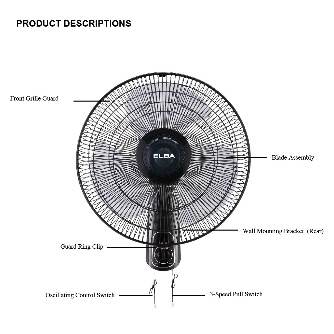 ELBA 16" Wall Fan EWMF-E1645(BK) | 3 Transparent ABS Blade | 3-speed Control | Thermal Safety Fuse | Whisper Quiet Self Lubricating Motor | Wall Fan with 1 Year Warranty
