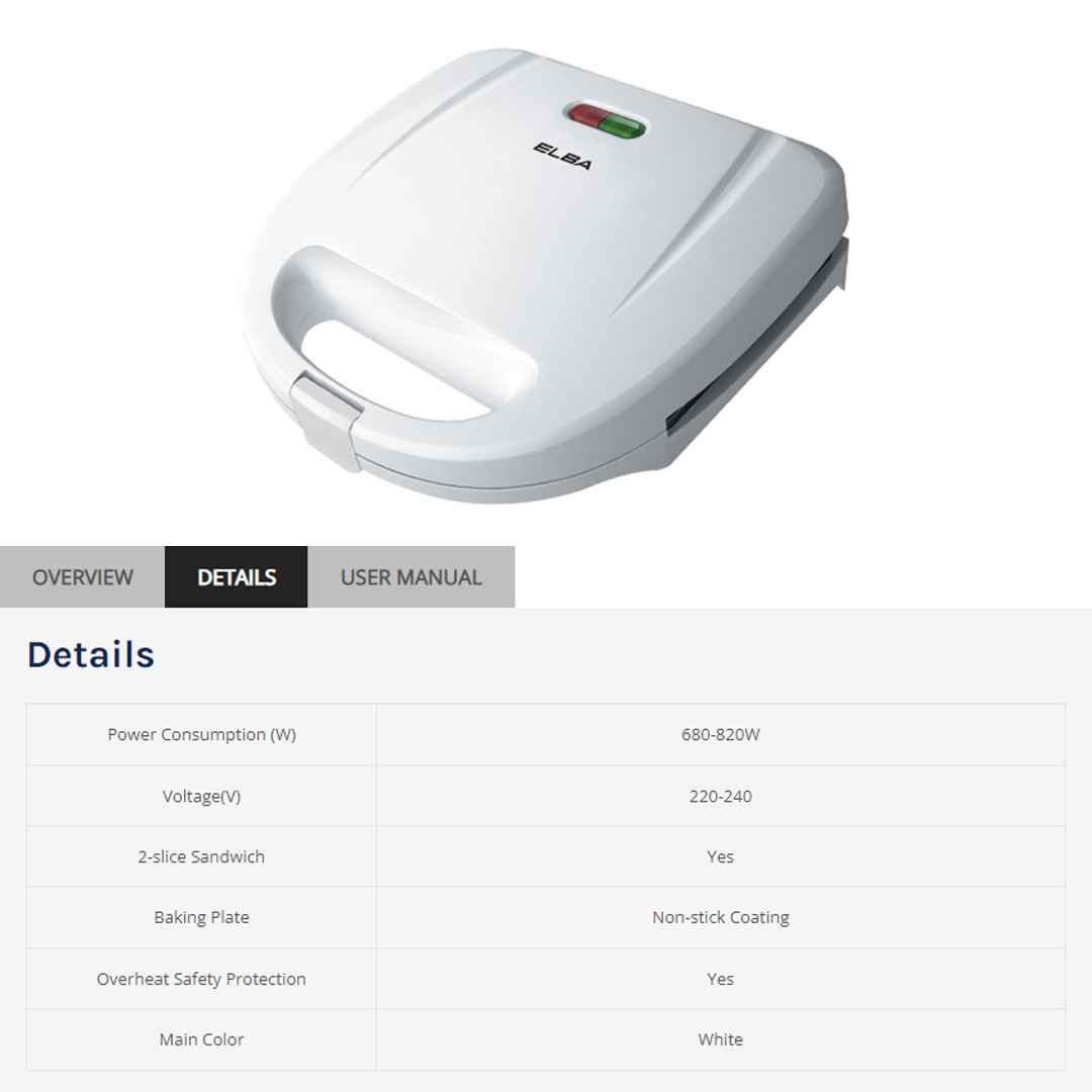 ELBA Sandwich Maker ESM-G7021(WH) | Non-stick Coating Cooking Plate | Overheat Safety Protection | Indicator Light | 2-slice Sandwich | Sandwich Maker with 1 Year Warranty