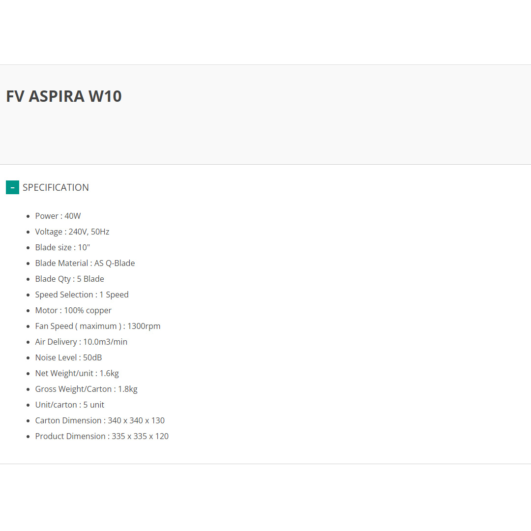 FABER 10" Ventilation Fan FV ASPIRA W10 | 5 Blades | 1300rpm Fan Speed | 50dB Noise Level | Ventilation Fan with 1 Year Warranty