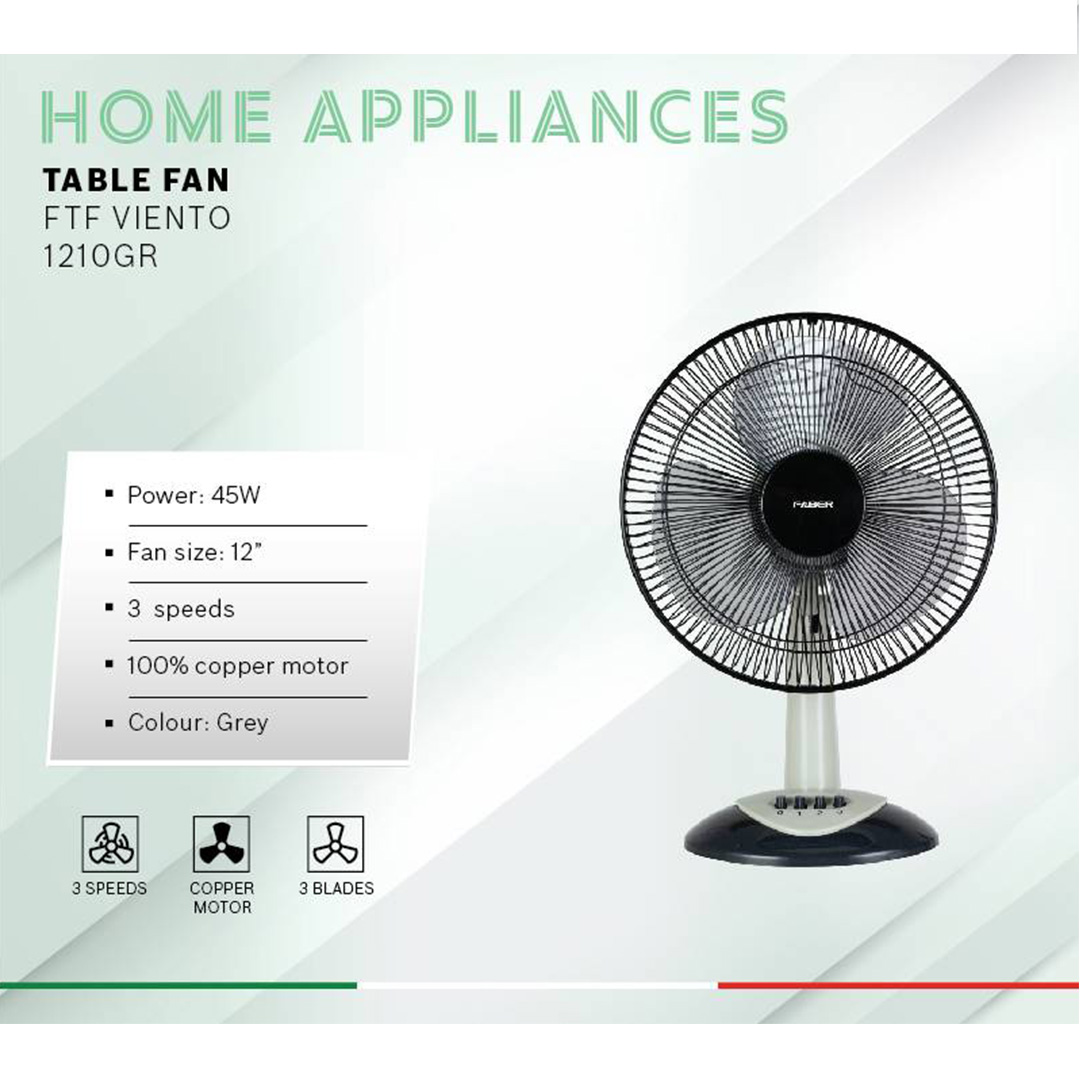 FABER 12" Table Fan FTF VIENTO 1210GR | 3 Blades | 3 Speed Selection | 1250rpm Fan Speed | 52.5dB Noise Level | Table Fan with 1 Year Warranty