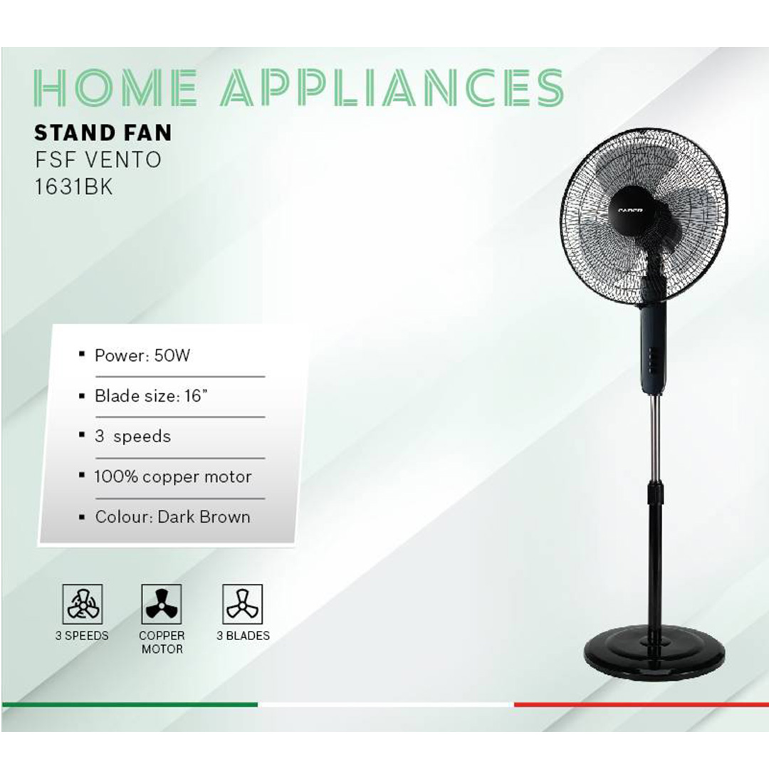 FABER 16" Stand Fan FSF VIENTO 1631BK | 3 Blades | 3 Speed Selection | 1250rpm Fan Speed | 55.495dB Noise Level | Stand Fan with 1 Year Warranty