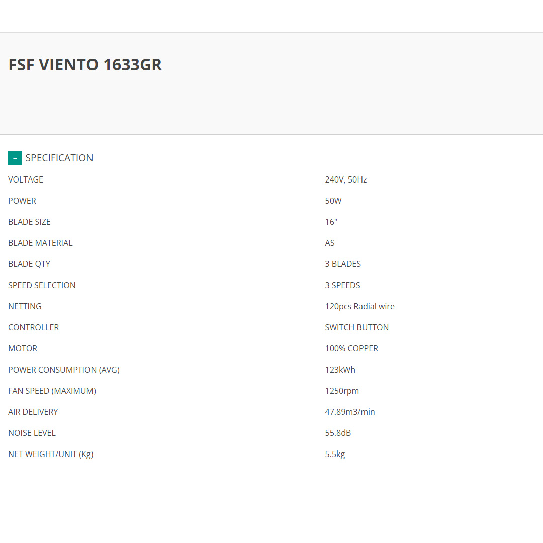 FABER 16" Stand Fan FSF VIENTO 1633GR | 3 Blades & 3 Speeds | 120pcs Radial Wire | 1250rpm Fan Speed | 47.89m3/min Air Delivery | 55.8dB Noise Level | Stand Fan with 1 Year General Warranty & 2 Years Motor Warranty