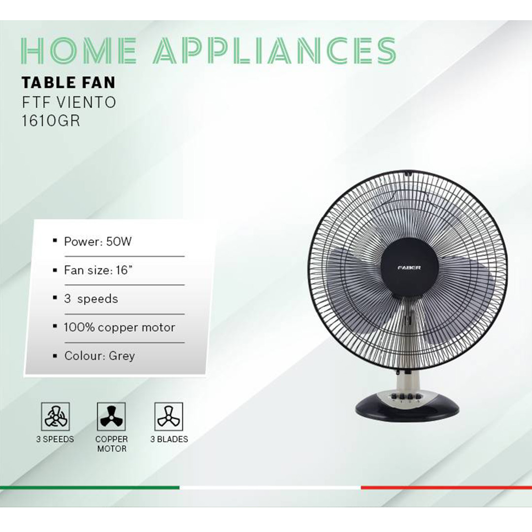 FABER 16" Table Fan FTF VIENTO 1610GR | 3 Blades | 3 Speed Selection | 1250rpm Fan Speed | 55.4dB Noise Level | Table Fan with 1 Year Warranty