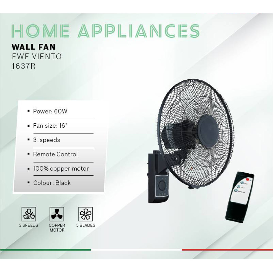 FABER 16" Wall Fan FWF VIENTO 1637R | 5 Blades | 3 Speeds | With Remote Control | 100% Copper Motor | Wall Fan with 1 Year General Warranty & 2 Years Motor Warranty