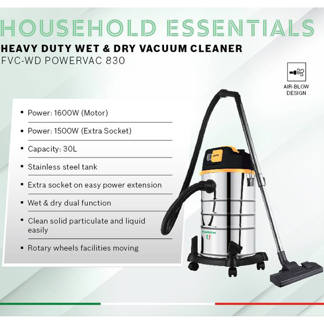 FABER 1600W Wet & Dry Vacuum FVC WD POWERVAC 830 | Stainless Steel Tank | Extra Socket on Easy Power Extension | With Air-Blowing Function | Vacuum with 1 Year Warranty