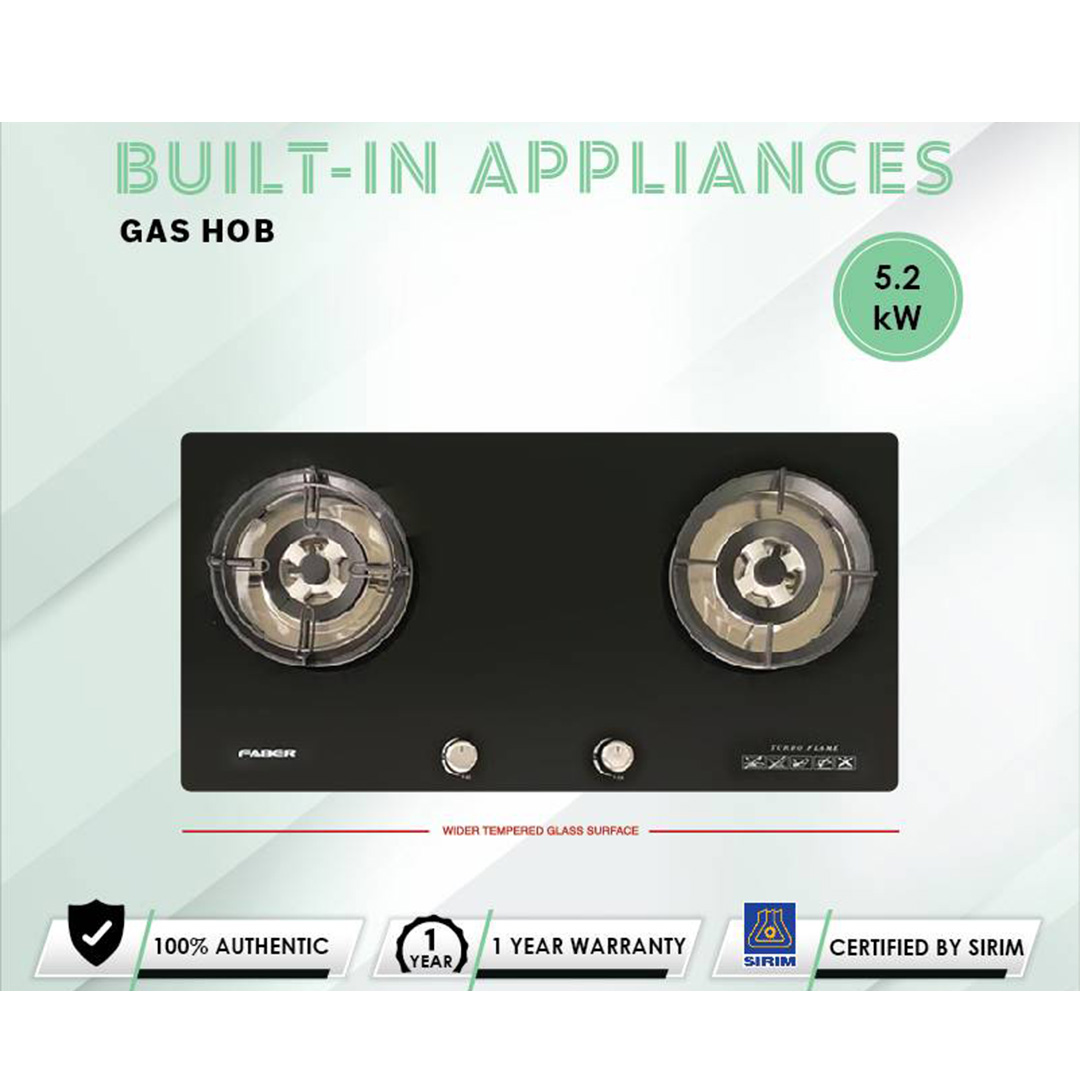 FABER 2 Burners Built-In Glass Hob FGH 572/90BK  | Premium Tempered Glass | Battery Operated Ignition | Easy Cleaning Design | Safety Device | 2 Burners with 1 Year Warranty