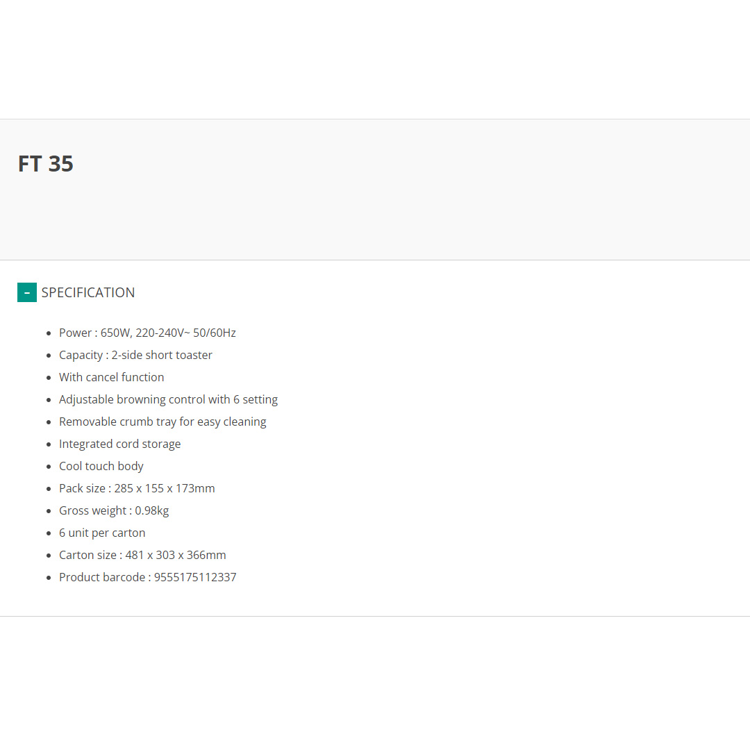 FABER 2 Slice Bread Toaster FT 35 | Adjustable Browning Control with 6 Setting | Removable Crumb Tray for Easy Cleaning | With Cancel Function | Cool Touch Body | Bread Toaster with 1 Year Warranty