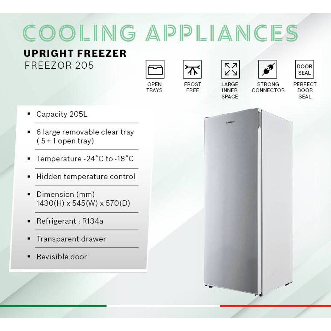 FABER 205L Upright Freezer FREEZOR 205 | 6 Large Removable Clear Tray | Hidden Temperature Control | Temperature -24oC to -18oC | Upright Freezer with 1 Year General Warranty & 5 Years Motor Warranty