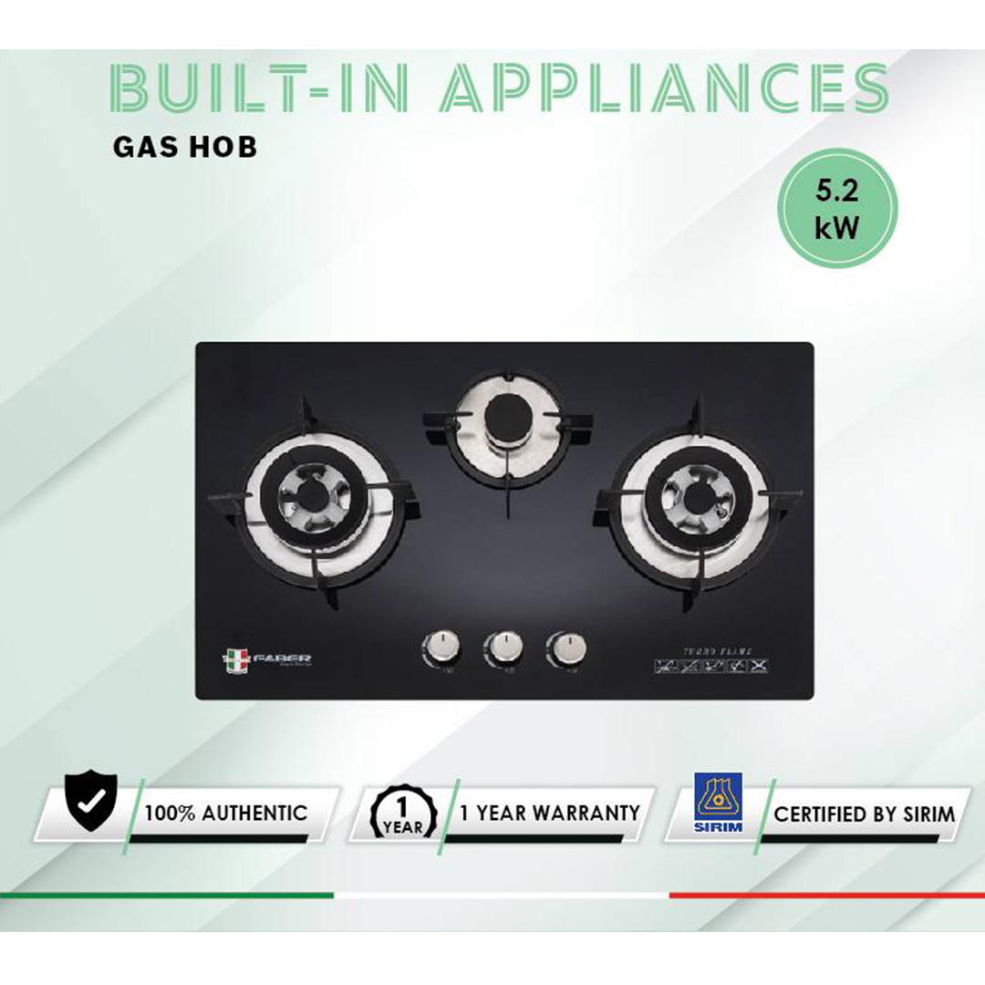 FABER 3 Burners Built-In Glass Hob FGH VITTO 3B/76BK  | Battery Operated Ignition | Easy Cleaning Design | Safety Device | High Quality Tempered Glass | 3 Burners with 1 Year Warranty