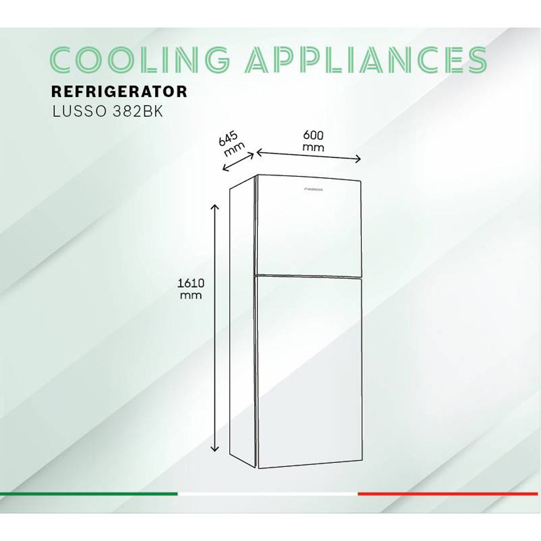 FABER 380L 2 Doors Refrigerator LUSSO 382BK | 20x Stronger Tempered Glass Tray | Refrigerant R600a | Fridge with 1 Year Warranty & Compressor with 10 Years Warranty