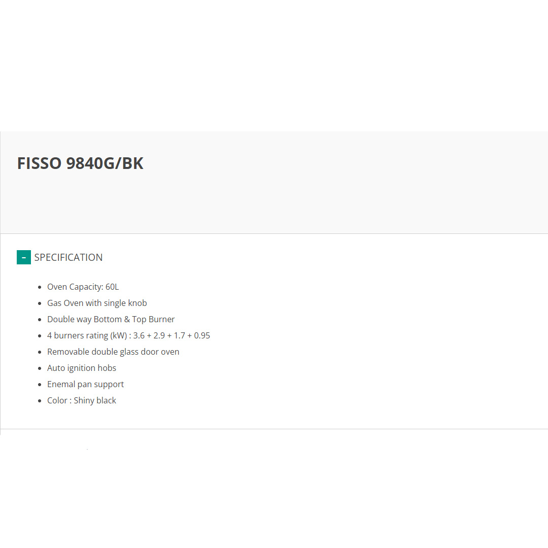 FABER 4 Burner Free Standing Cooker FISSO 9840G/BK | Gas Oven with Single Knob | Removable Double Glass Door Oven | Auto Ignition Hobs | Enamel Pan Support | Free Standing Cooker with 1 Year Warranty