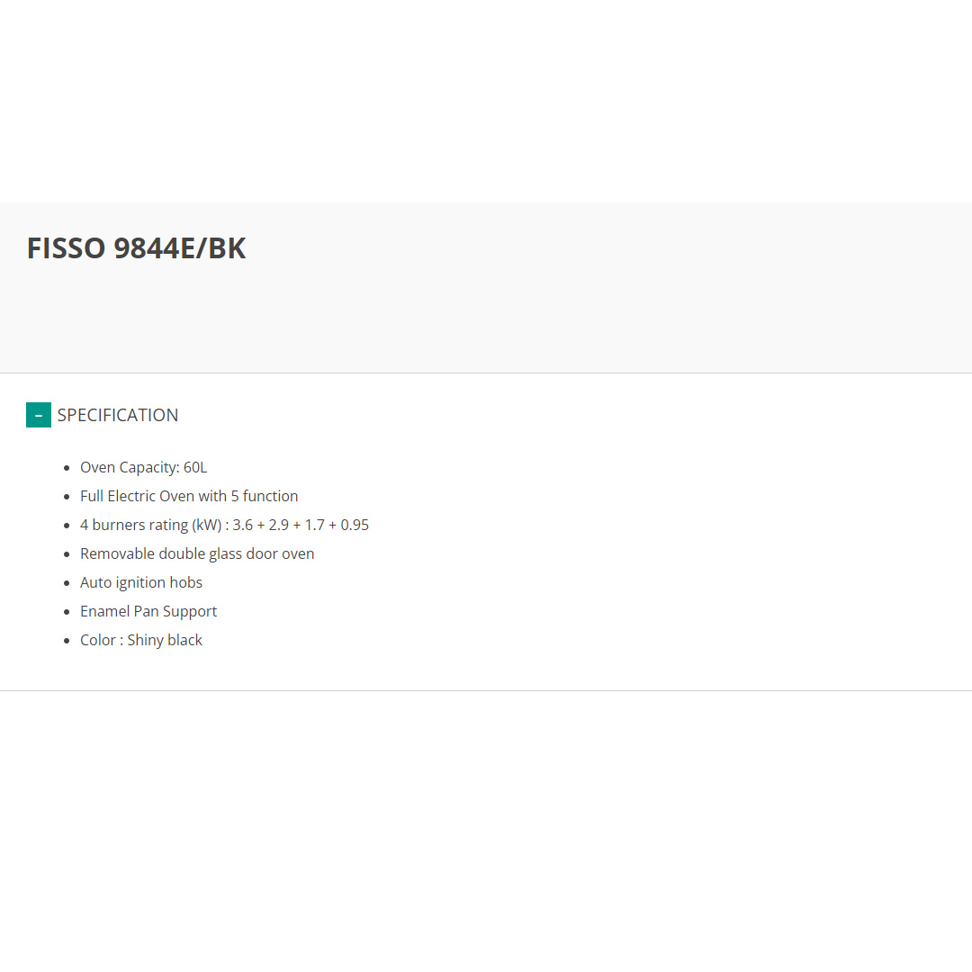 FABER 4 Burner Free Standing Cooker FISSO 9844E/BK | Oven Capacity: 60L | Full Electric Oven with 5 Function | Auto Ignition Hobs | Enamel Pan Support | Cooker with 1 Year Warranty