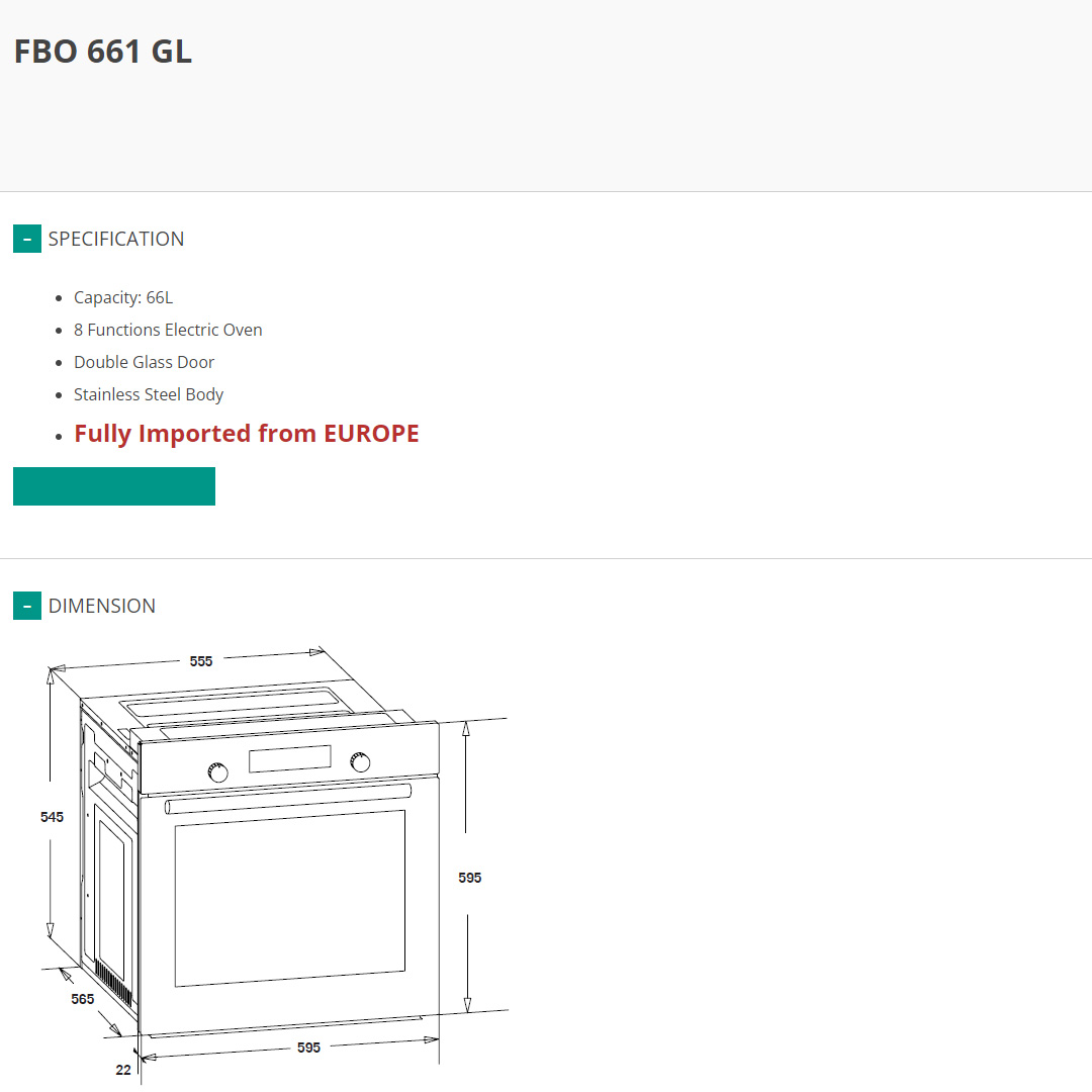 FABER 66L Build-in Oven FBO 661 GL | Fully Imported from EUROPE | 8 Functions Electric Oven | Double Glass Door | Stainless Steel Body | Build In Oven with 1 Year Warranty