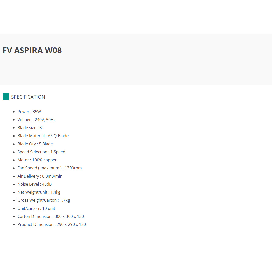 FABER 8" Ventilation Fan FV ASPIRA W08 | 5 Blades | 1300rpm Fan Speed | 48dB Noise Level | Ventilation Fan with 1 Year Warranty