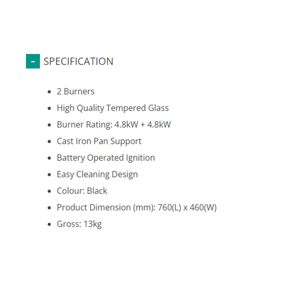 FABER 2 Burners Built-In Glass Hob FGH VITTO 2B/76BK | High Quality Tempered Glass | Battery Operated Ignition | Easy Cleaning Design | 2 Burners with 1 Year Warranty