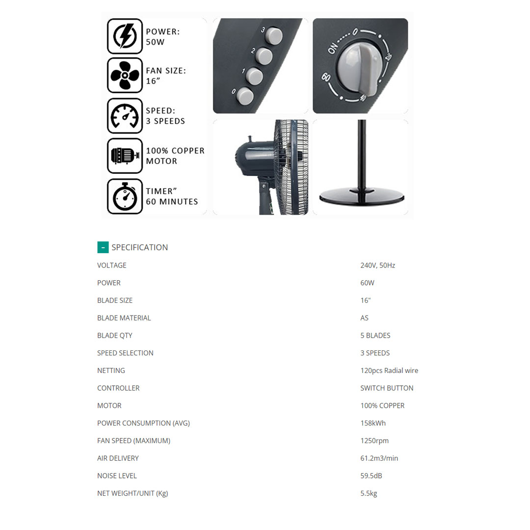FABER 16" Stand Fan FSF VENTO GEN 2 1629BK | 3 Speed Selection | 5 Blades | 60Min Timer | 100% Copper Motor | Stand Fan with 1 Year Warranty