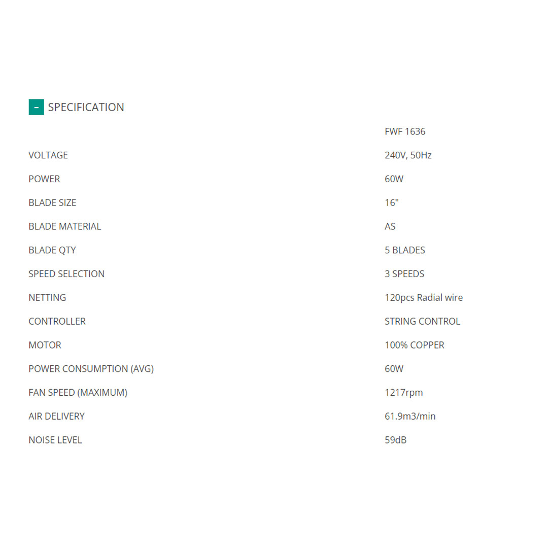 FABER 16" Wall Fan FWF VIENTO 1636 | 3 Speeds Selection | 100% Copper Motor | Wall Fan with 1 Year General Warranty & 2 Years Motor Warranty