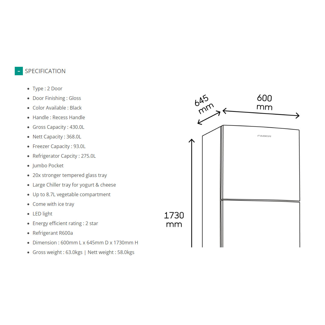 FABER 430L 2 Doors Refrigerator LUSSO 432BK | 20x Stronger Tempered Glass Tray | Refrigerant R600a | Fridge with 1 Year Warranty & Compressor with 10 Years Warranty