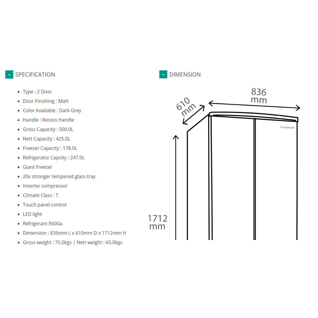 FABER 500L Side By Side Doors Inverter Refrigerator LUSSO SBS-500DG | 20x Stronger Tempered Glass Tray | Refrigerant R600a | Fridge with 1 Year Warranty & Compressor with 10 Years Warranty