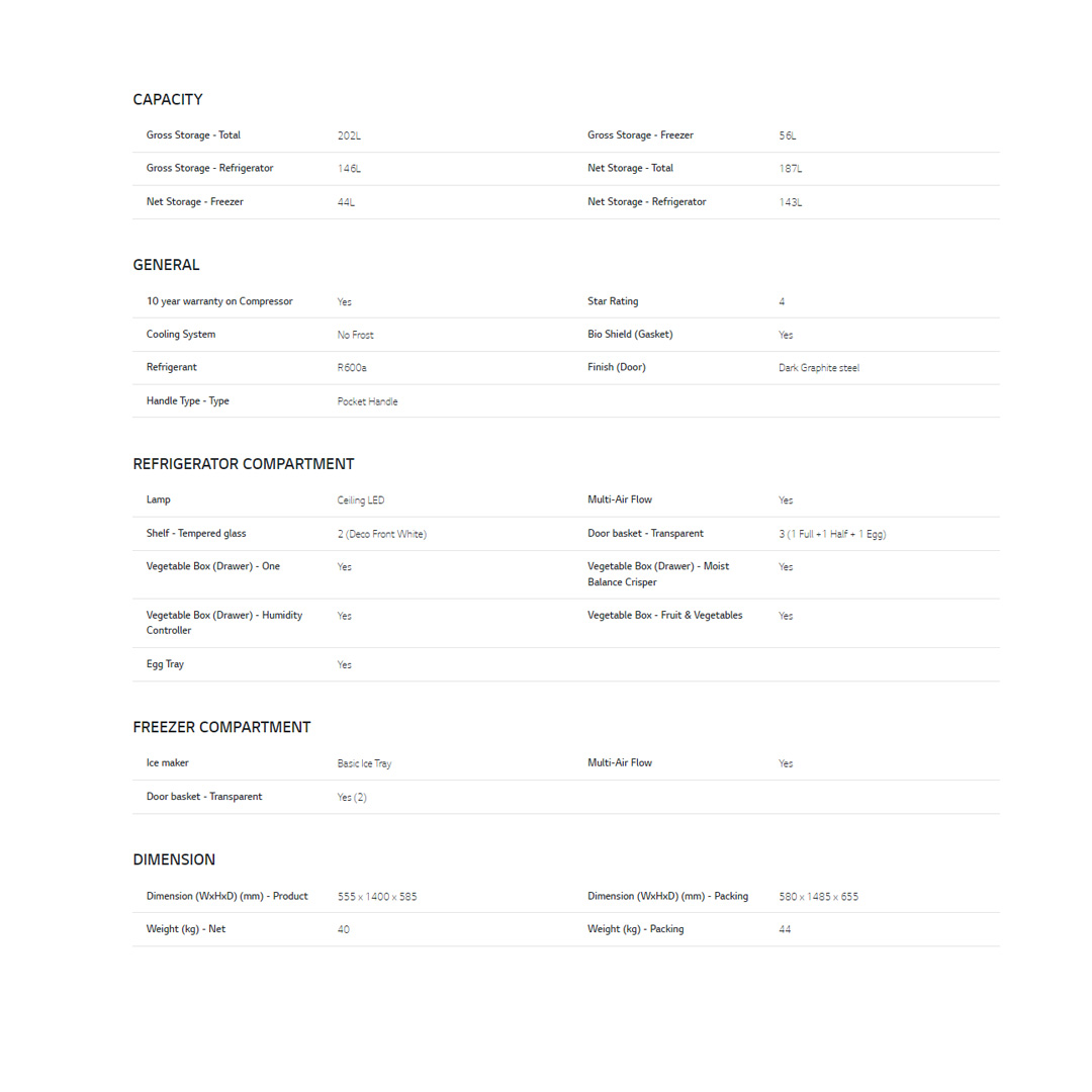 LG 202L 2 Doors Top Mount Smart Inverter Refrigerator GN-B202SQBB  | Humidity Controller | Moist Balance Crisper | Big Vegetable Box | Refrigerator with 1 Year Warranty